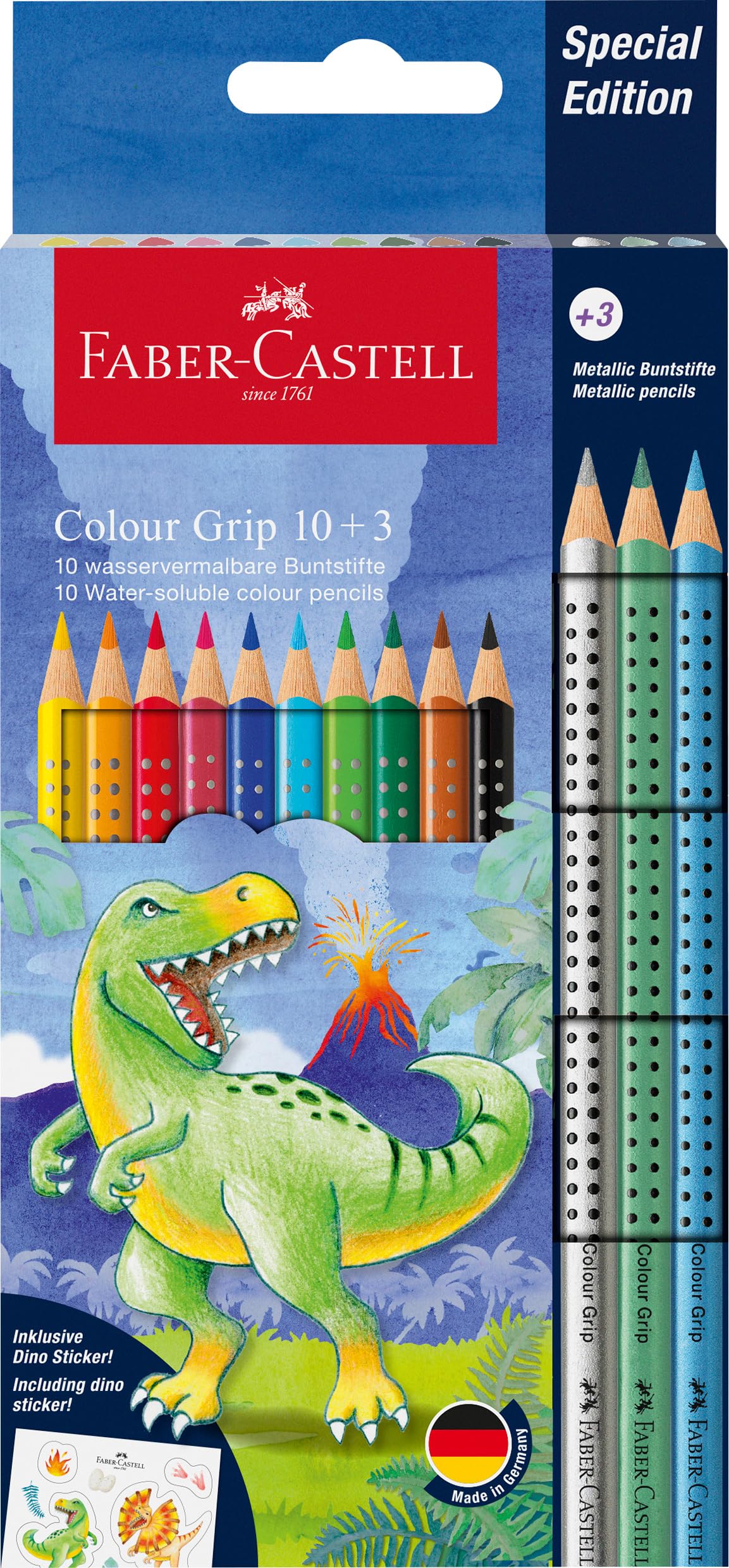 FABER-CASTELL 201545 - Buntstifte Set Dino, 13-teilig, bruchsicher, inkl. 3 Metallic Stifte und Dino Sticker