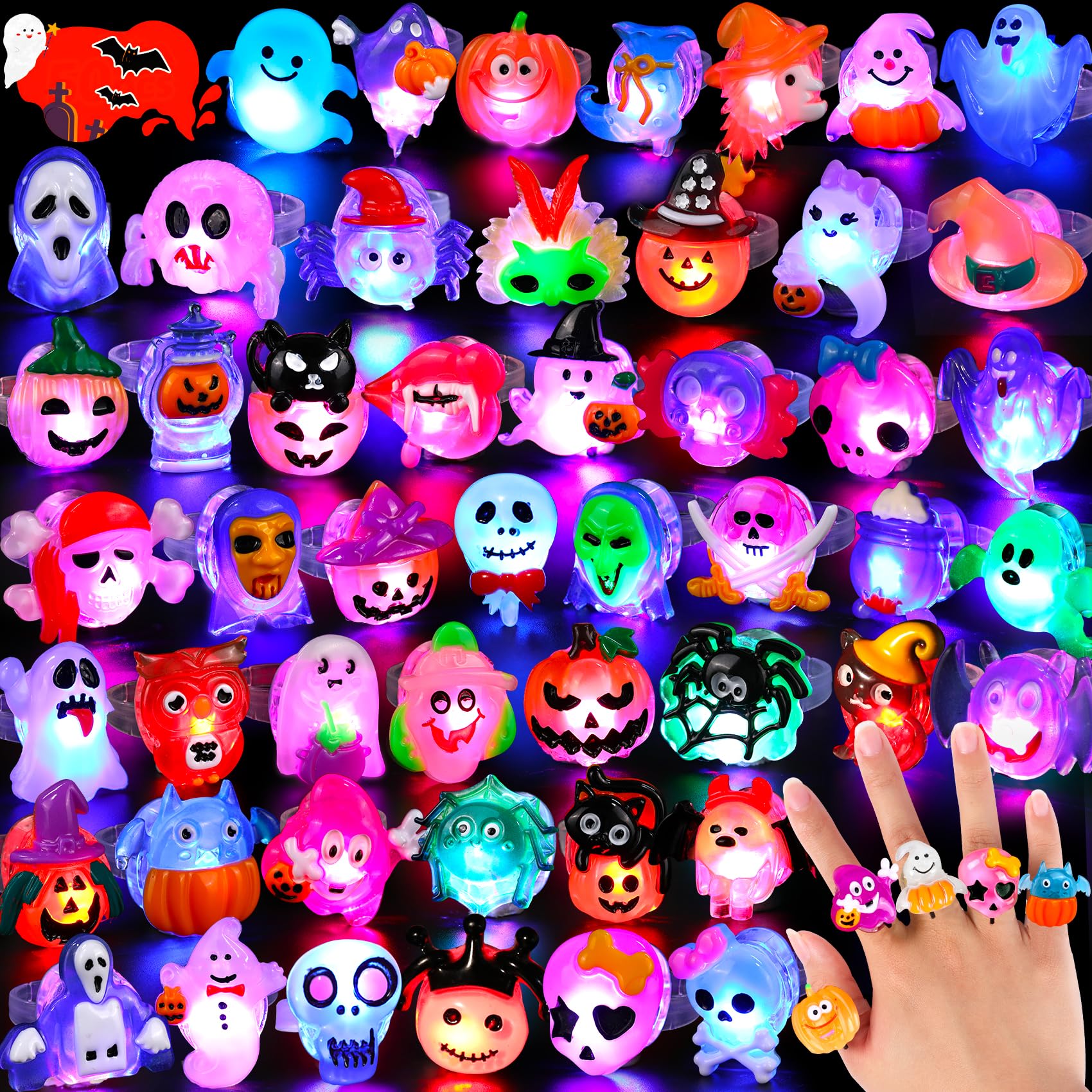 Photo 1 of Nucifer 50 Pcs Halloween Treats Light Up Rings Toys Bulk 3D LED Flashing Glow In The Dark Rings Party Supplies Prizes Non Candy Treats Halloween Party Favors Gifts Toys Kids Adults Goodie Bag Stuffers