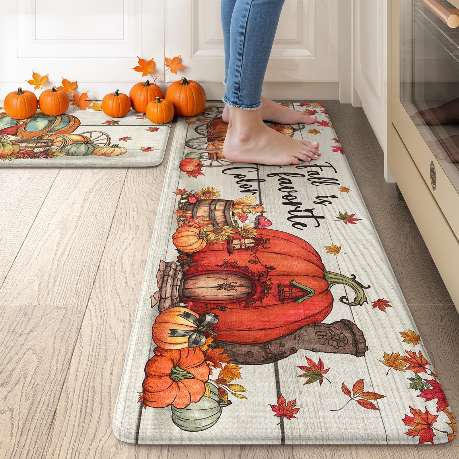 Photo 1 of Collive Pumpkin Coach Kitchen Mats for Floor, Fall Leaf Kitchens Rugs Set of 2 Anti Fatigue Mat Cushioned Non Slip, Padded Comfort Desk Standing Rug for Laundry Home, Halloween Decorations