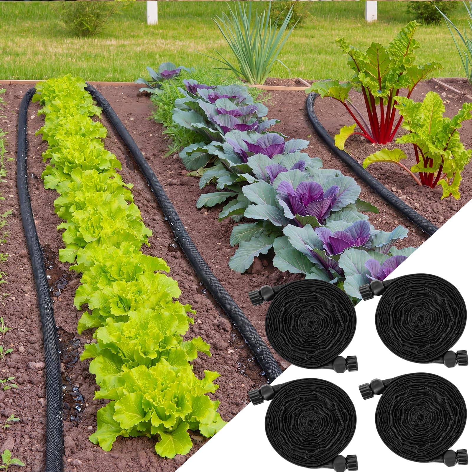 Photo 1 of 200FT Flat Soaker Hose,4 * 50FT Lightweight and Soft Drip Irrigation Garden Hose Saves 80% Water,Leak Proof Sprinkler Hose for Trees,Flower Planters & Vegetable Plots