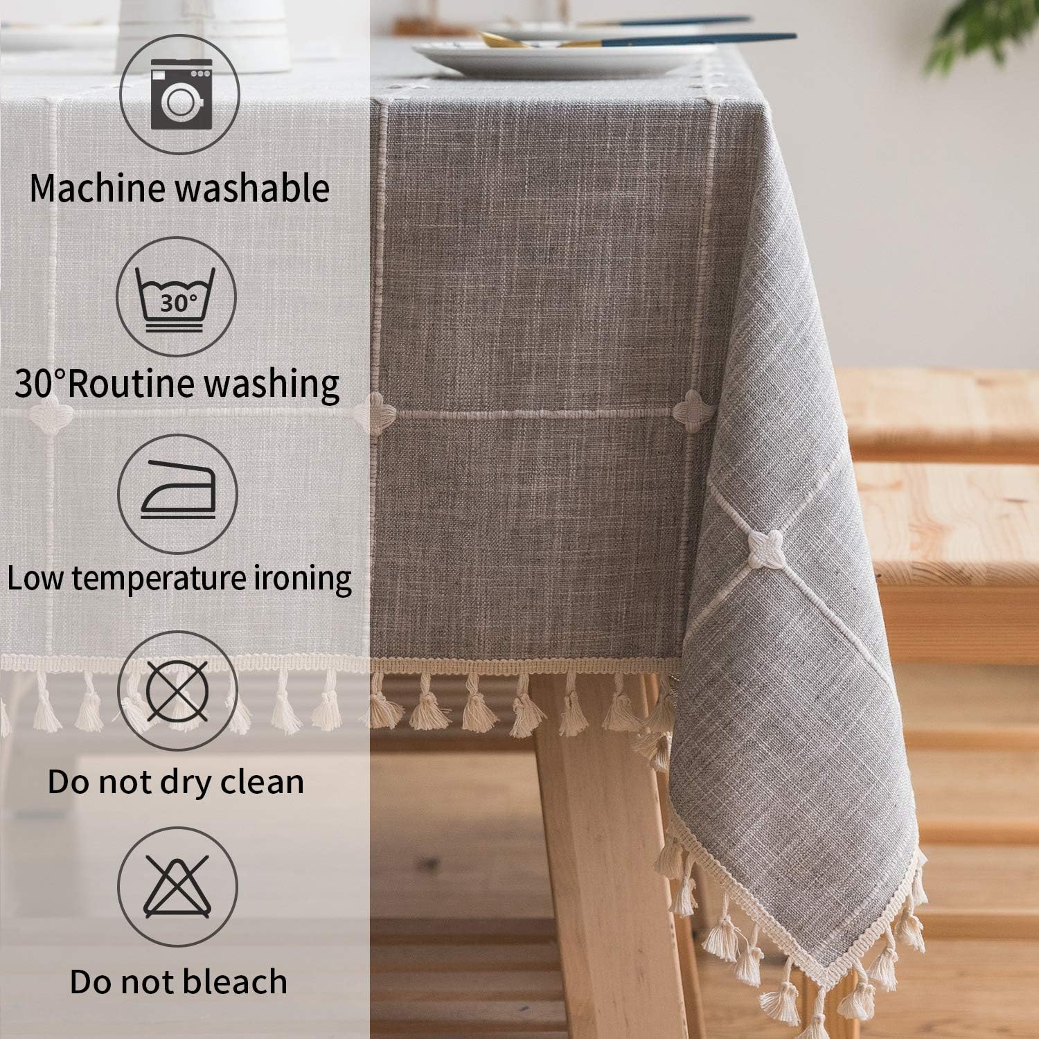 smiry Embroidery Tassel Tablecloth - Cotton Linen Dust-Proof Table Cover for Kitchen Dining Room Party Home Tabletop Decoration (Rectangle/Oblong, 55 x 86 Inch, Light Grey): Kitchen & Dining