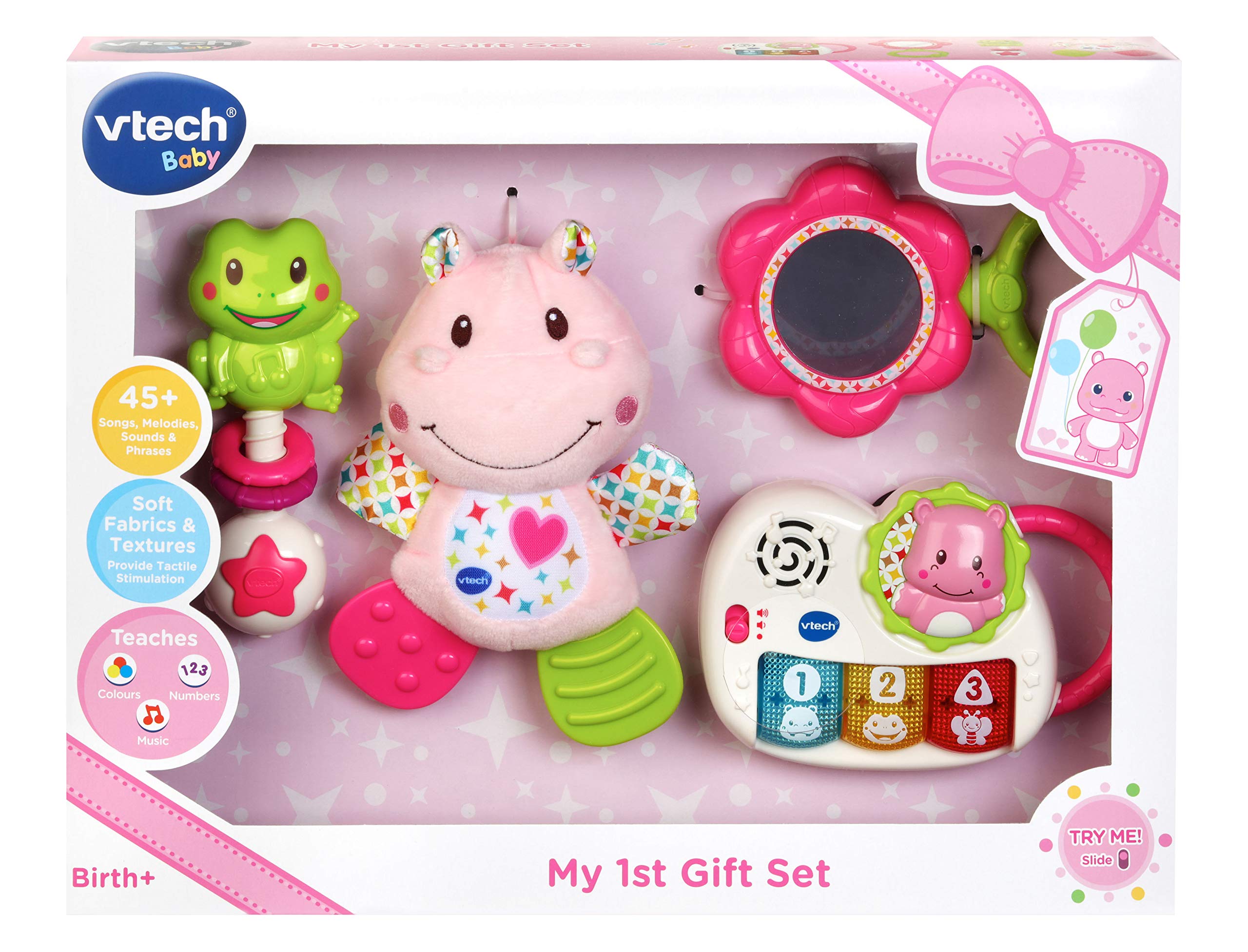 VTech My First Gift Set New Baby Gifts | Newborn Baby Toys Including Hippo Animal Plush, Baby Teether, | 0, 6, 12 Months + for Boys & Girls, Pink, English Version,Box size: 40 x 30.5 x 7.8cm — image 1