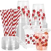 Whaline 50Pcs Strawberry Plastic Cups with Lids and Straws Red Pink Strawberry Heart Daisy Clear Plastic Cup 12oz Disposable Cup for Birthday Baby Shower Party Supplies