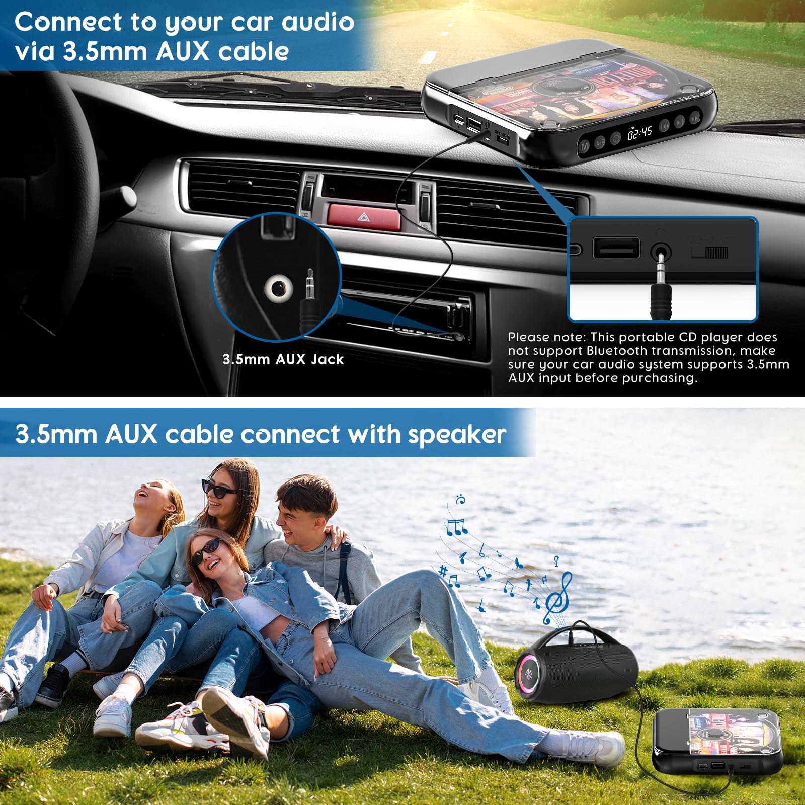 Portable CD Player with Bluetooth 5.3, Rechargeable CD Player for Home/Car, Built-in HiFi Speakers, Headphones, LCD Screen, Supports CD/AUX/USB and Repeat Modes, Black