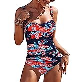Ekouaer Women's One Piece Swimsuit Ruched Tummy Control Bathing Suits Vintage Retro Push Up Swimwear