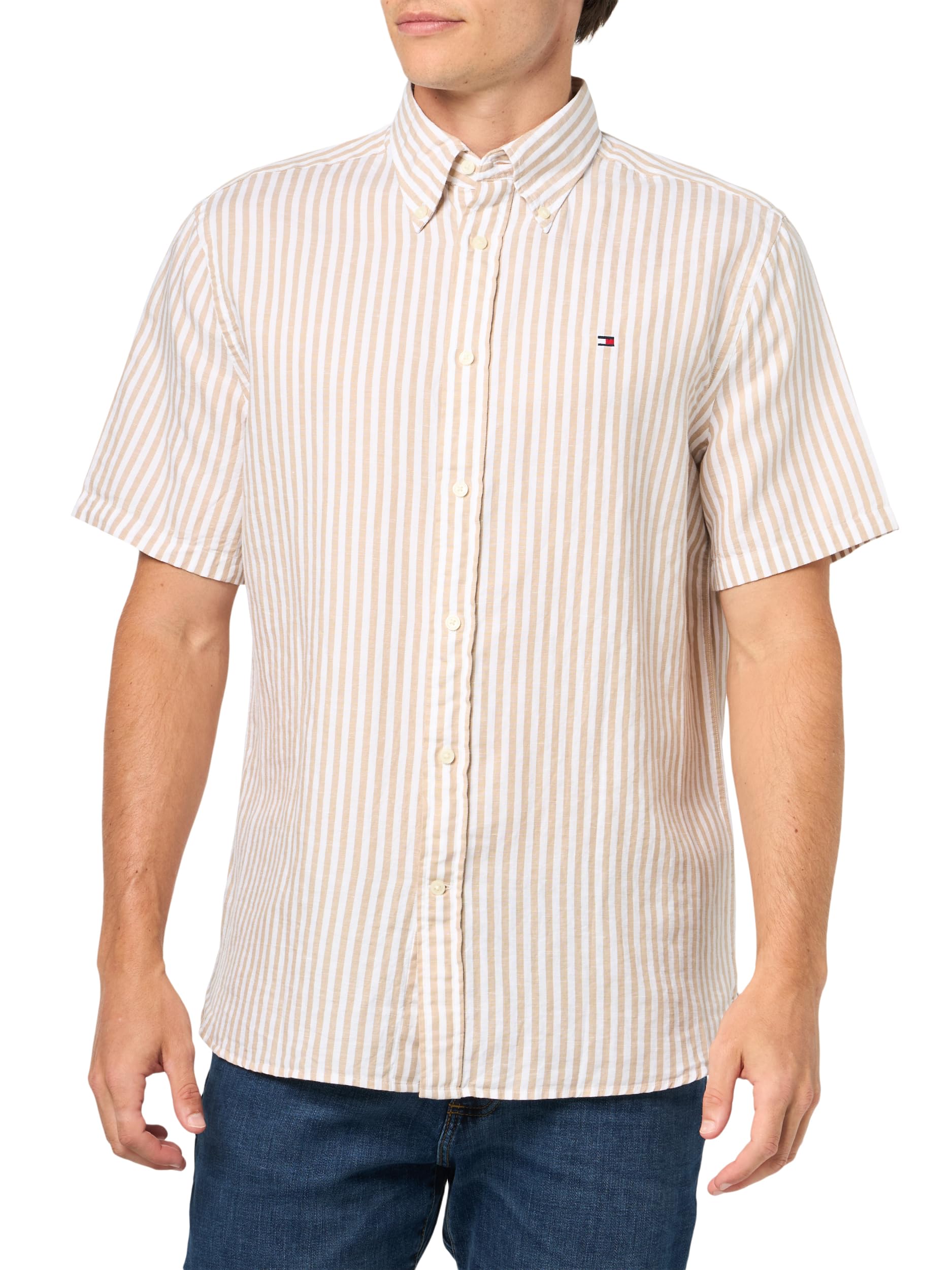 Tommy Hilfiger Men’s Linen Blend Stripe Regular Short Sleeve Shirts,Sandalwood/Stripe X-Large