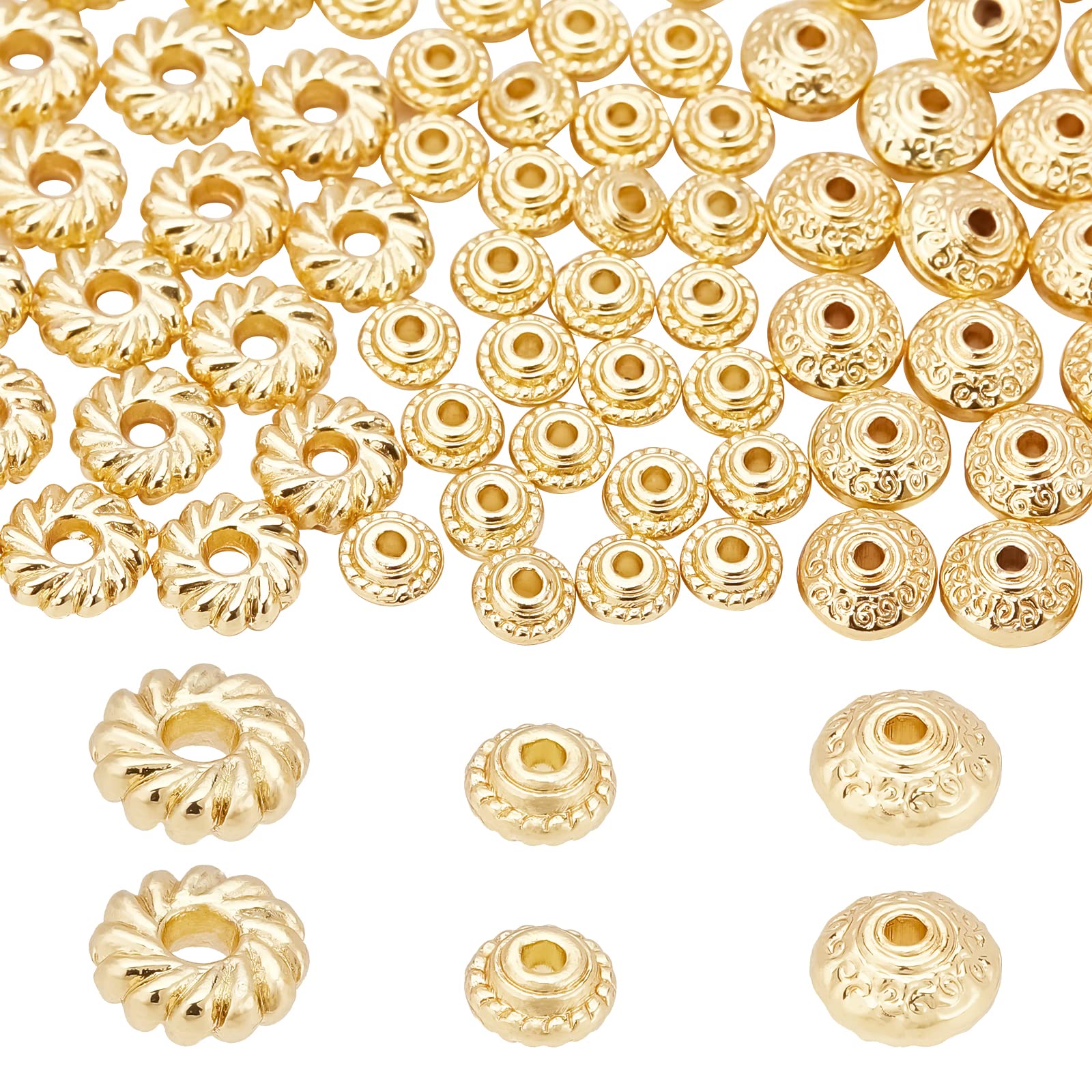 BENECREAT 90Pcs 3 Style 18K Gold Plated Round Loose Beads Carved Alloy Spacer Beads for DIY Necklace Bracelet Jewelry Craft Making