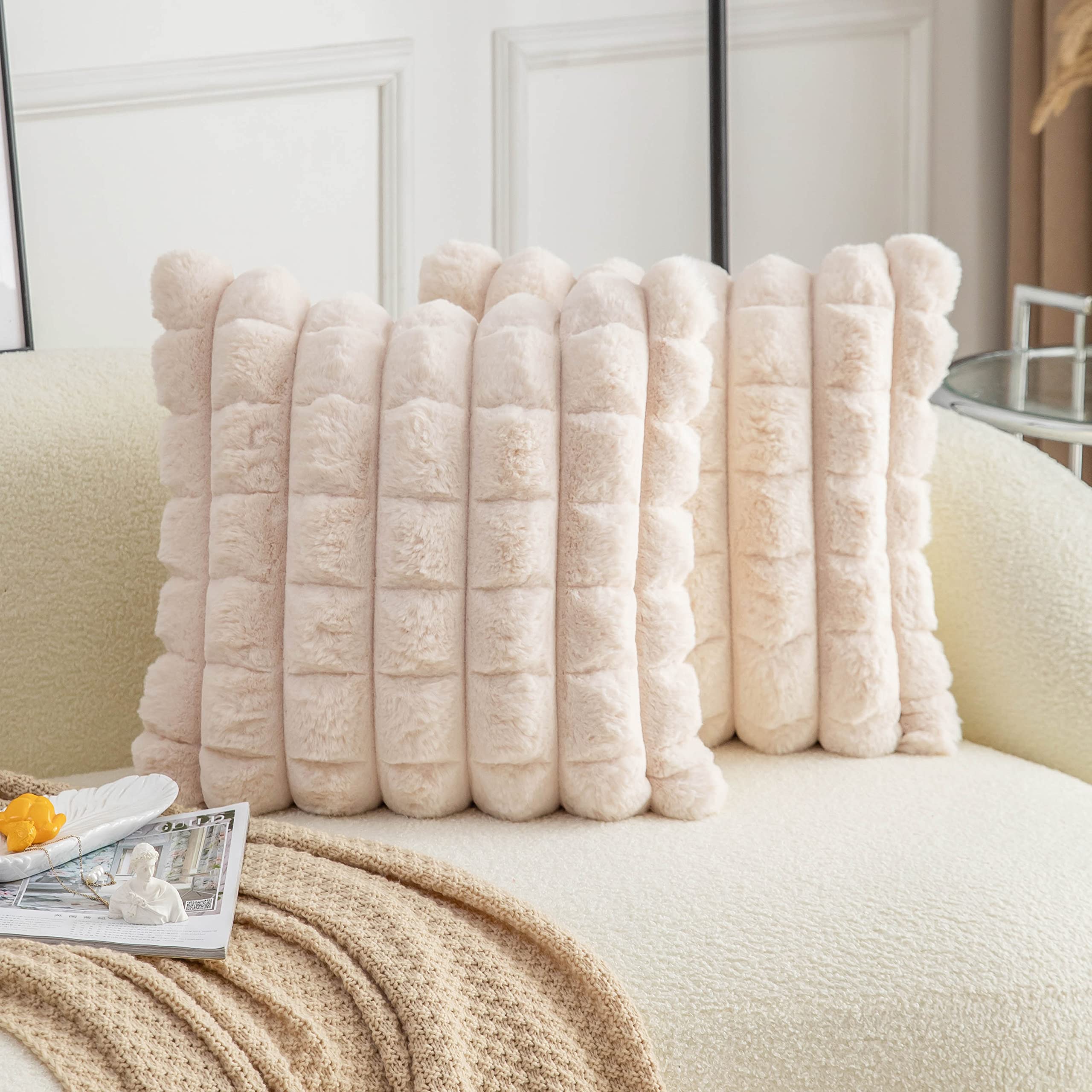 Photo 1 of Neelvin Beige Faux Fur Cozy Soft Plaid Decorative Throw Pillow Covers 18x18 inch Set of 2,Velvet Pillowcase Cushion Case for Sofa Couch