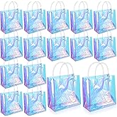 Yuanan 16 PCS Holographic Gift Bags, Iridescent Gift Bags Reusable Pvc Gifts Wrap Bag Clear Gifts Bag with Handles for Shopping Christmas Holiday Party Favor(7.8 X 7.8 X 3.5 Inch, Rainbow)
