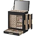 SONGMICS Jewelry Box with Glass Window, 5-Layer Jewelry Organizer with 3 Side Drawers, Jewelry Storage, with Big Mirror, Modern, 6.1 x 10.3 x 12.6 Inches, Ink Black and Metallic Gold UJBC162B02