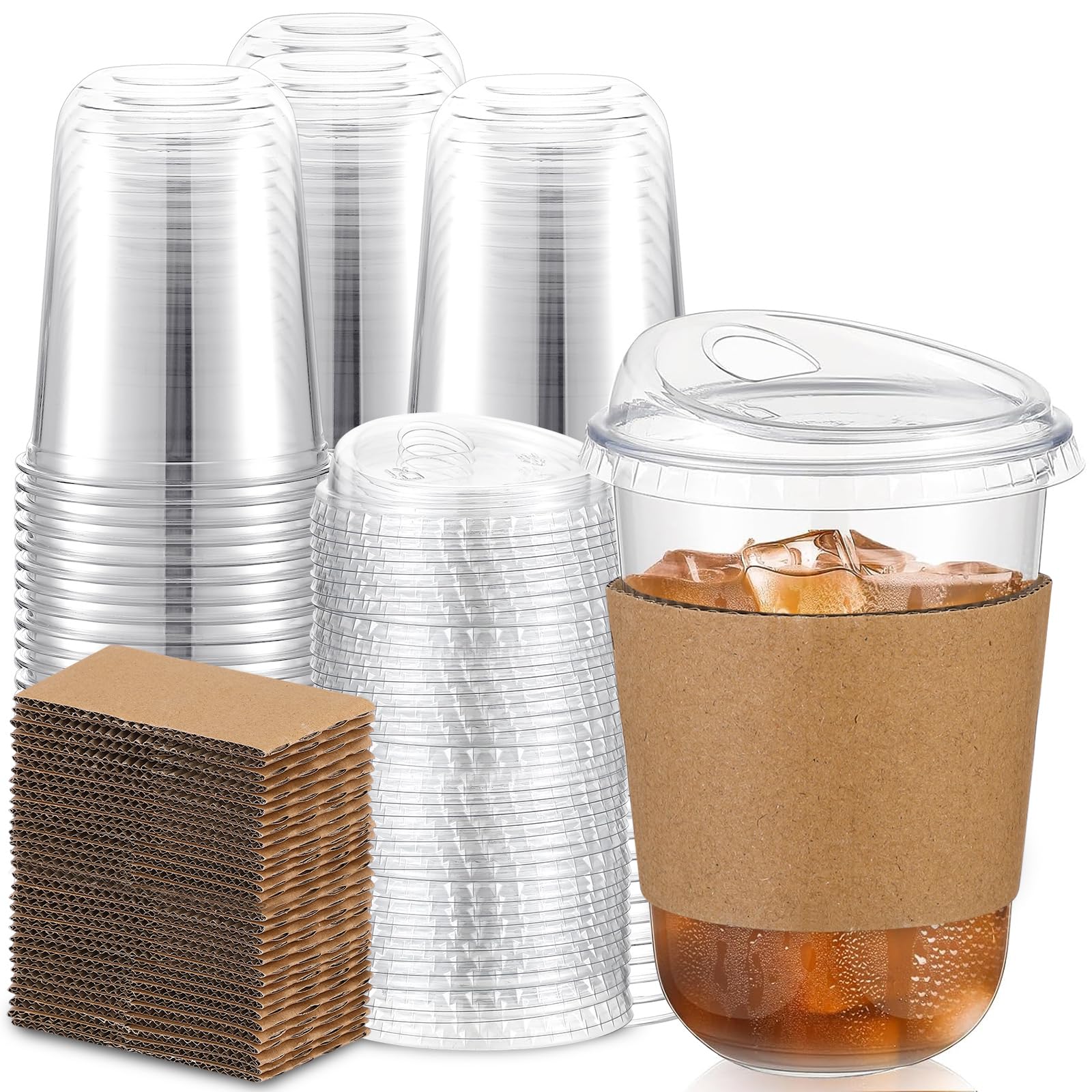 Photo 1 of Baderke 100 Sets Clear Plastic Coffee Cups with Sip Lids and Cup Sleeve, Disposable Clear Pet Cups for Iced Coffee Cold Beverage, Shops and Party Catering (16 oz)