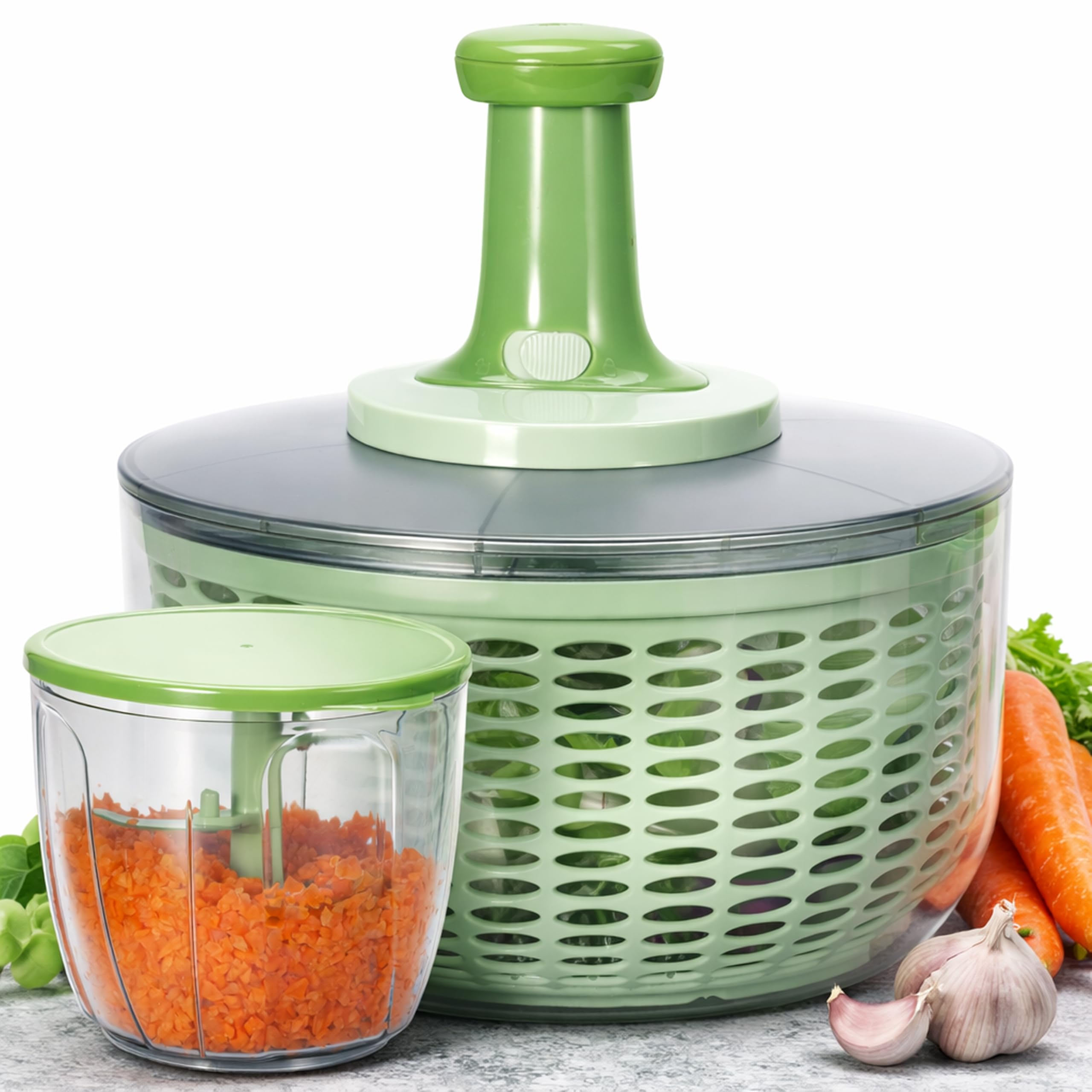 Brieftons Salad Spinner and Chopper: Large 6-Litre Lettuce Greens Vegetable Washer Dryer, with Bonus 0.9-Litre Veggie Chopper Mixer, Compact Storage, Easy Push Operation for Quick Veggie Prepping