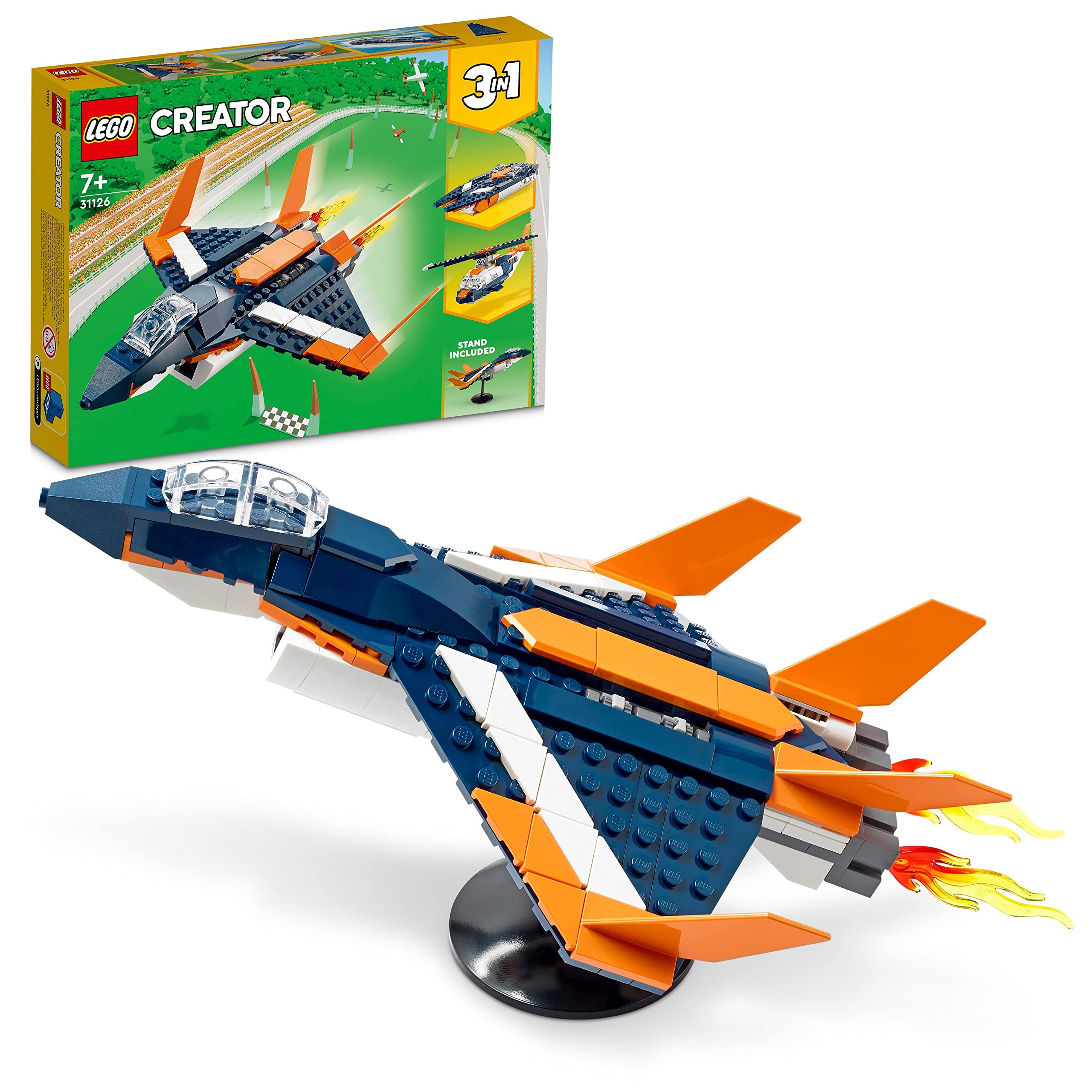 LEGO Creator 3in1 Supersonic Jet Plane to Helicopter to Speed Boat Toy Set, Buildable Vehicle Models for Kids, Boys and Girls 7 Plus Years Old 31126