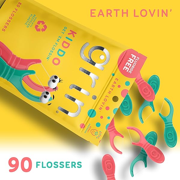 GRIN KIDDO FLOSSERS, BERRY AWESOME FLAVOR, RECYCLED PLASTIC, JUMBO GRIP, GET YOUR KIDDOS FLOSSIN’ EARLY, LARGER FLOSS HEAD, CHILD SAFE! 80 COUNT, FLOSS PICKS, DENTAL FLOSSERS