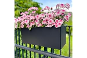 LaLaGreen Railing Planter Box (20 Inch, 4 Pack) Black Rectangular Window Flower Boxes with Bracket, Self Watering System Hang