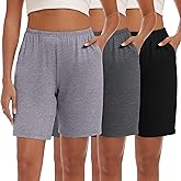 Neer 3 Pack Women's Shorts Casual Elastic High Waisted Knee Length Summer Lounge Bermuda Shorts with Pockets