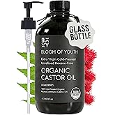 100% Pure Cold Pressed Organic Castor Oil, Glass Bottle 16oz | Hexane Free, Unrefined, USDA Certified | For Hair, Skincare, Castor Oil Pack, Face, Joints, Carrier Oil, Eyelashes, Eyebrows