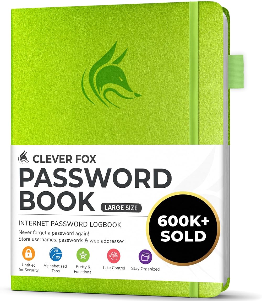 Clever Fox Password Book with Alphabetical Tabs Green Large 60- Day Money-Back