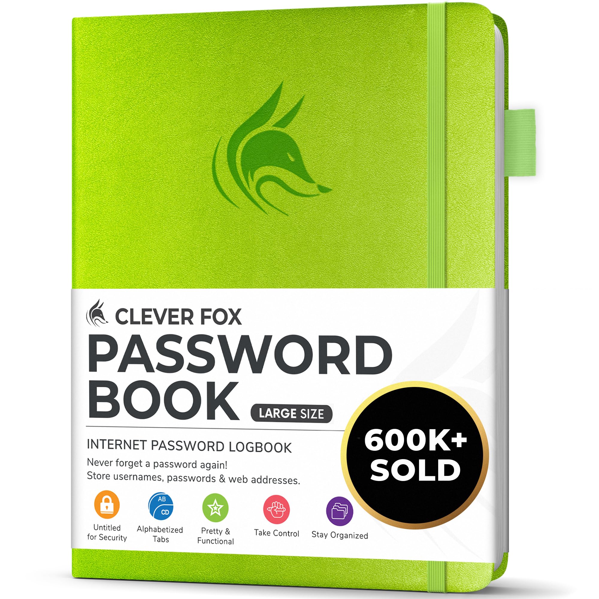 Clever Fox Password Book with alphabetical tabs. Internet Address Organizer Logbook. Large Password Keeper for Website Logins (Green)