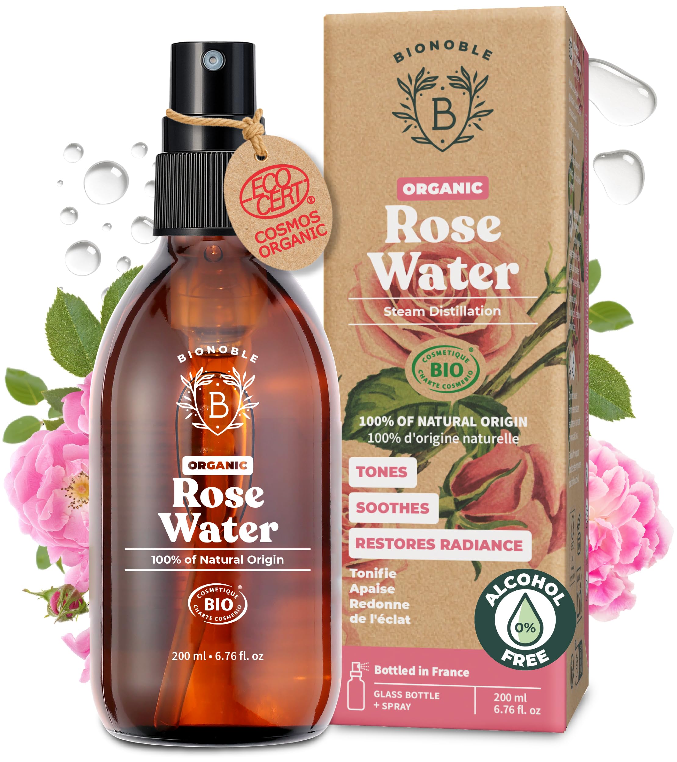 BIONOBLE Organic Rose Water Spray - Tonifies, Calms, Boosts Radiance - 100% Natural Hydrolat, Alcohol-Free - Vegan Rose Water for Face, Hair, Eye Contour, Body - Glass Bottle - 200ml