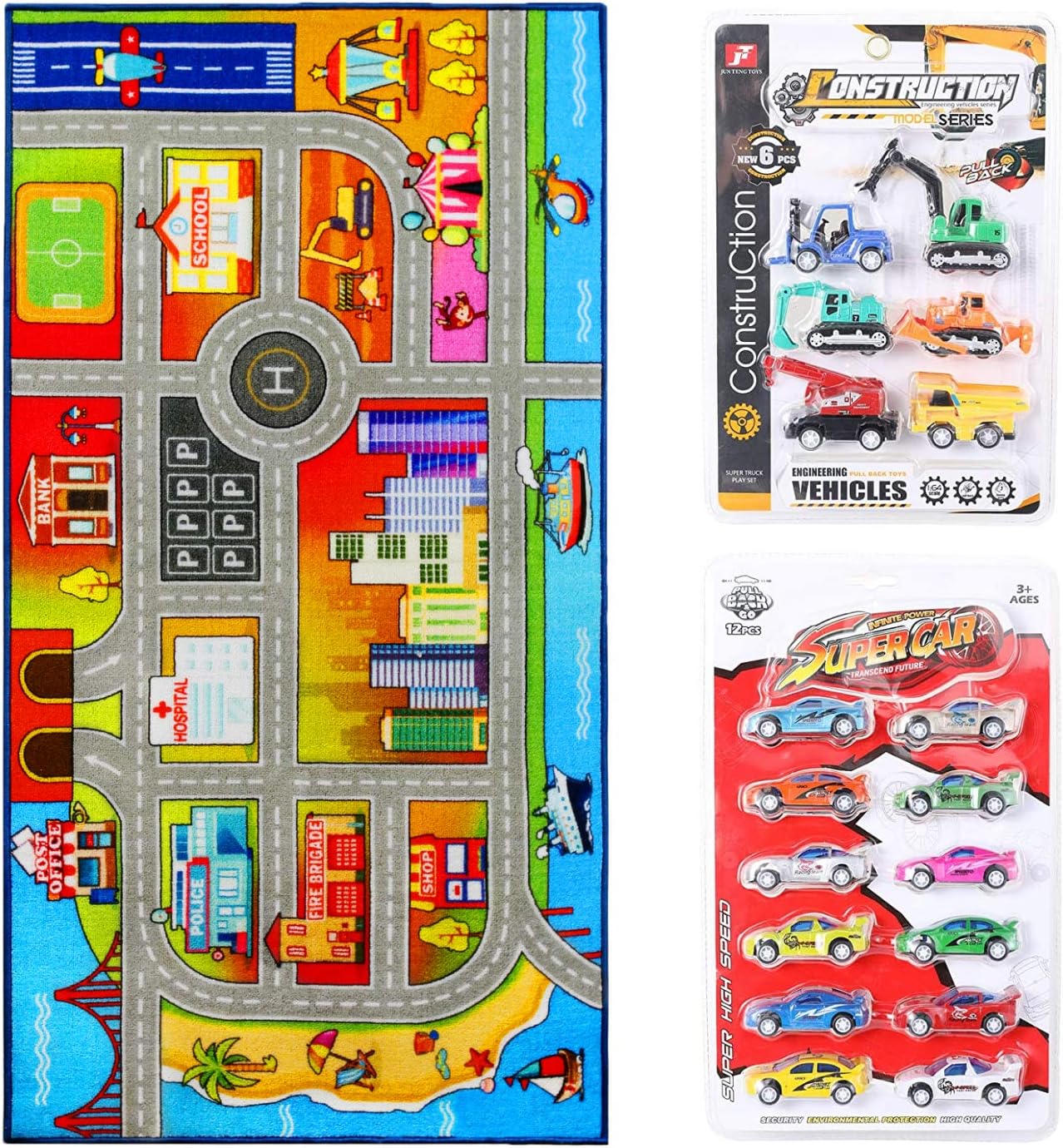 Booooom Jackson Kid Toys Rug with Roads and Train Tracks,Cool and Fun Area Rug Gift Set with 18 Cars,Kid Rug for Boys and Girls Play and Learn,Car Carpet Playmat for Bedroom Play Room Game Area