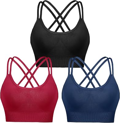 Soutien desportivo feminino Soutien de Yoga Almofadado Soutien Desportivo de Impacto Médio Top Curto com Costas Cruzadas com Tiras para Ginásio de Yoga de Fitness (Preto + Azul-Marinho + Vinho Tinto, S)