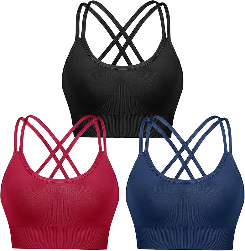 Sport BH Push up Cross Back Design Bustier Damen mit Gepolstert Ohne Bügel Damen-BHS mittelstarkem für Fitness Lauf Joggen, 3pcs-Schwarz+Dunkelblau+Weinrot (315), S