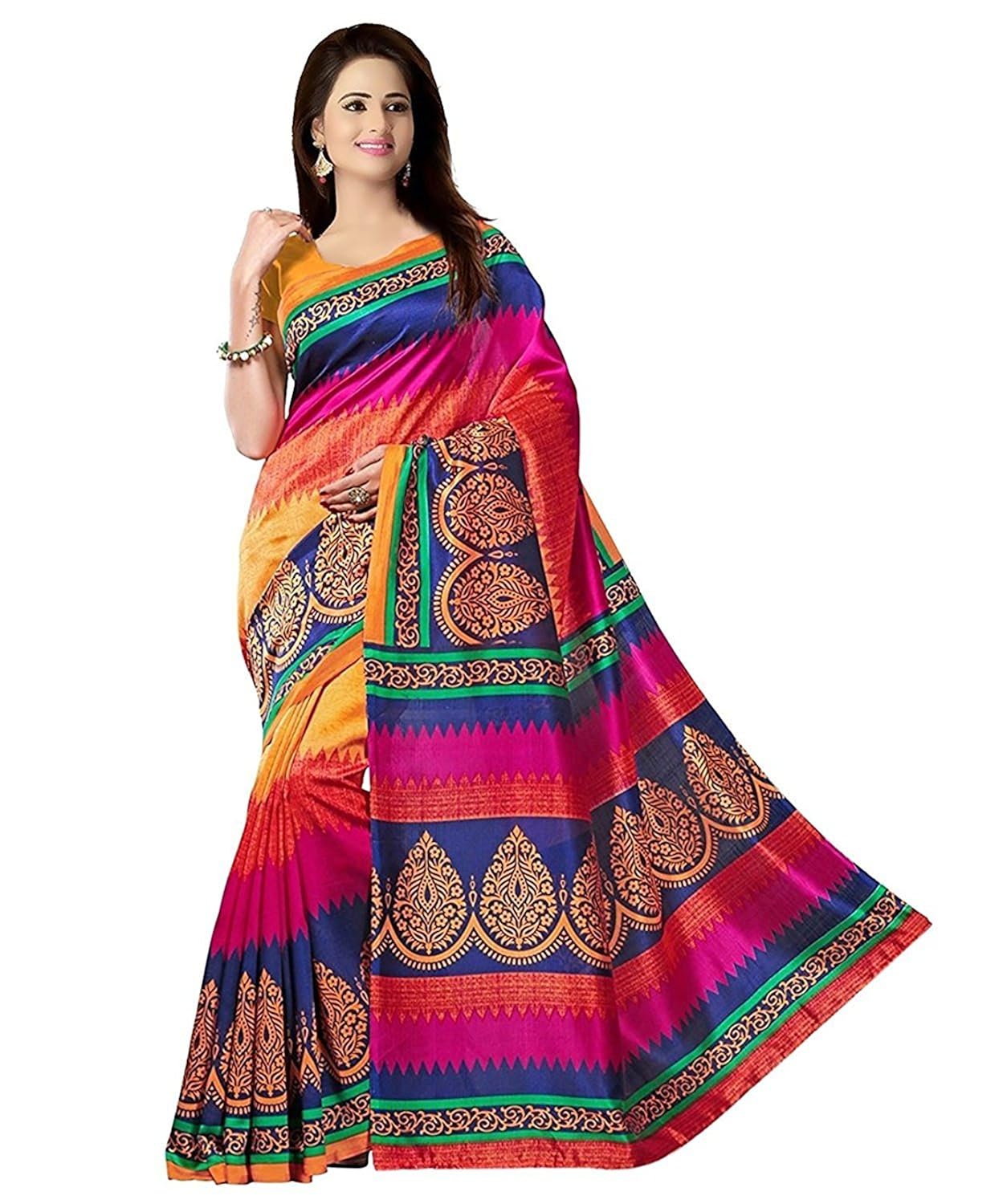 winza designer saree with blouse piece (pb-183_orange and multicolor_free size)