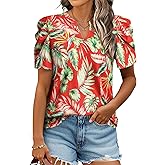 Ezcosplay Women Puff Sleeve Tops Floral Hawaiian Shirt Notched V Neck T-Shirt Casual Tropical Outfits
