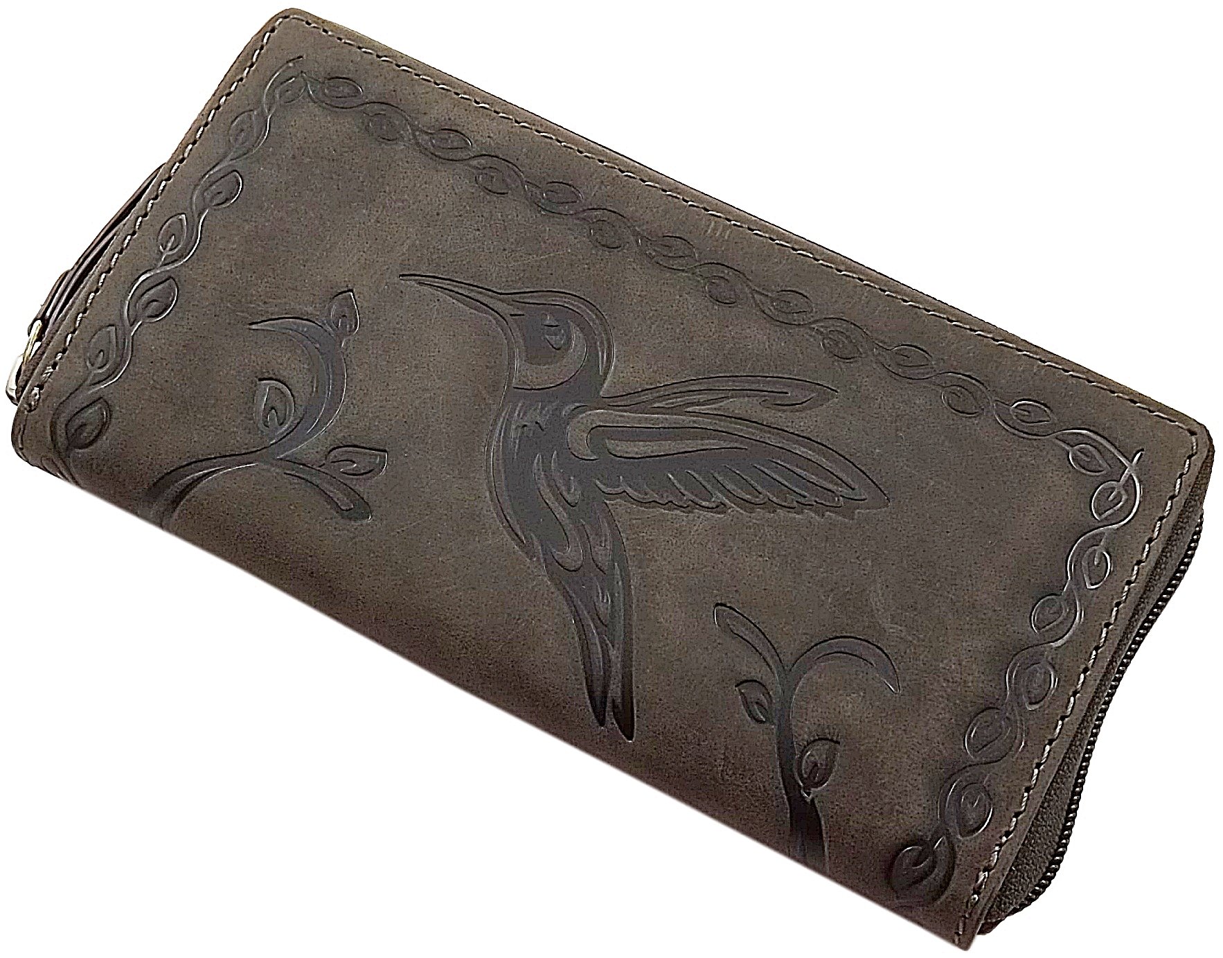 myledershop Large Buffalo Full Leather Women´s Purse with Hummingbird-Motif with Zipper in Brown or Cognac (Brown)