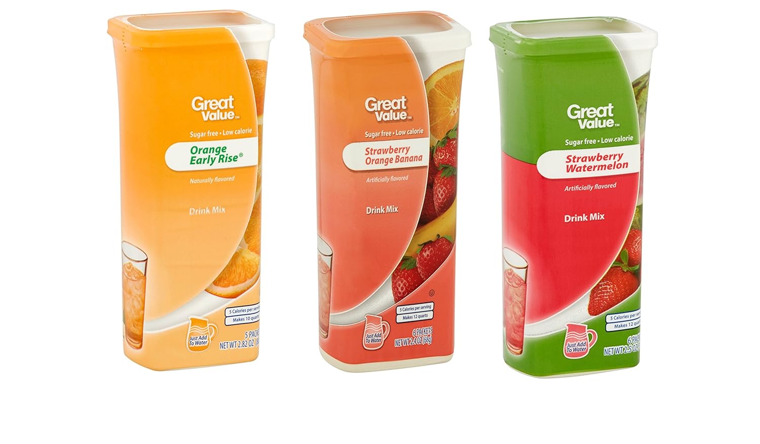 Great Value Drink Mix, Sugar Free, Early Rise Orange, Orange Strawberry Banana and Strawberry Watermelon a Bundle of 3 flavor Canisters. (Canister Designs May Vary)
