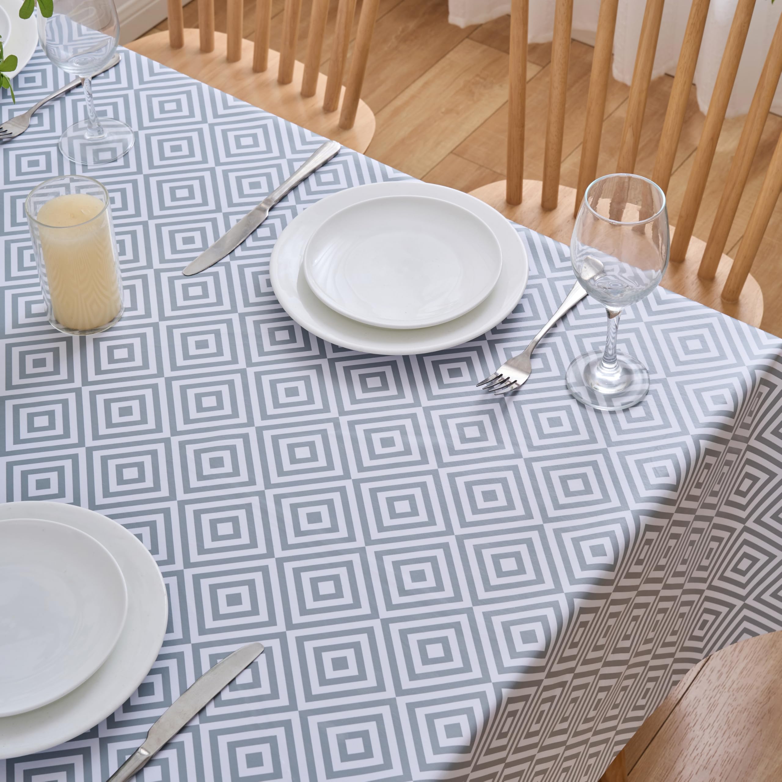 Dehaus® Wipe Clean Table Cloth - Grey Geo Diamond - Wipeable PVC Oilcloth Table Cover - Plastic Vinyl Tablecloth - Water Resistant & Easy To Clean - Kitchen or Dining Protector (150cm Round)