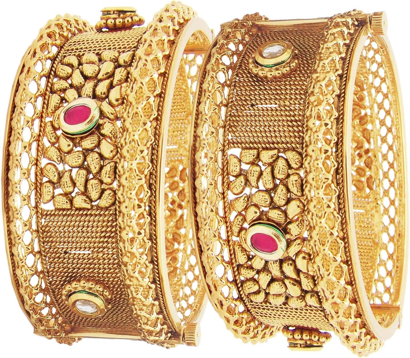 Biyu Diva Copper Ruby Green Kundan Screw Openable Set of 2 Broad Bangles Kada Fashion Jewellery Womens Girls