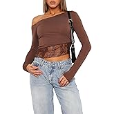 ZREQV Womens Long Sleeve Crop Tops Sexy Off Shoulder Slim Fit Lace Trim Tunic Tees Y2K Blouse Trendy T Shirts Going Out Tops