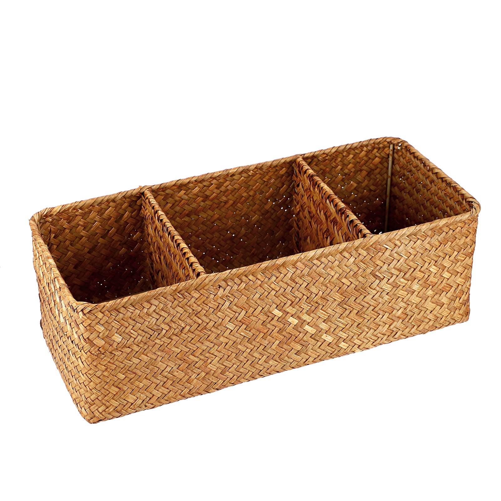 IGNPION 3-compartment Seagrass Storage Basket Woven Desktop Basket Rectangular Organiser Box Shelves & Desks Decorative Baskets for Sundries Stationery Toys Cosmetics, Caramels