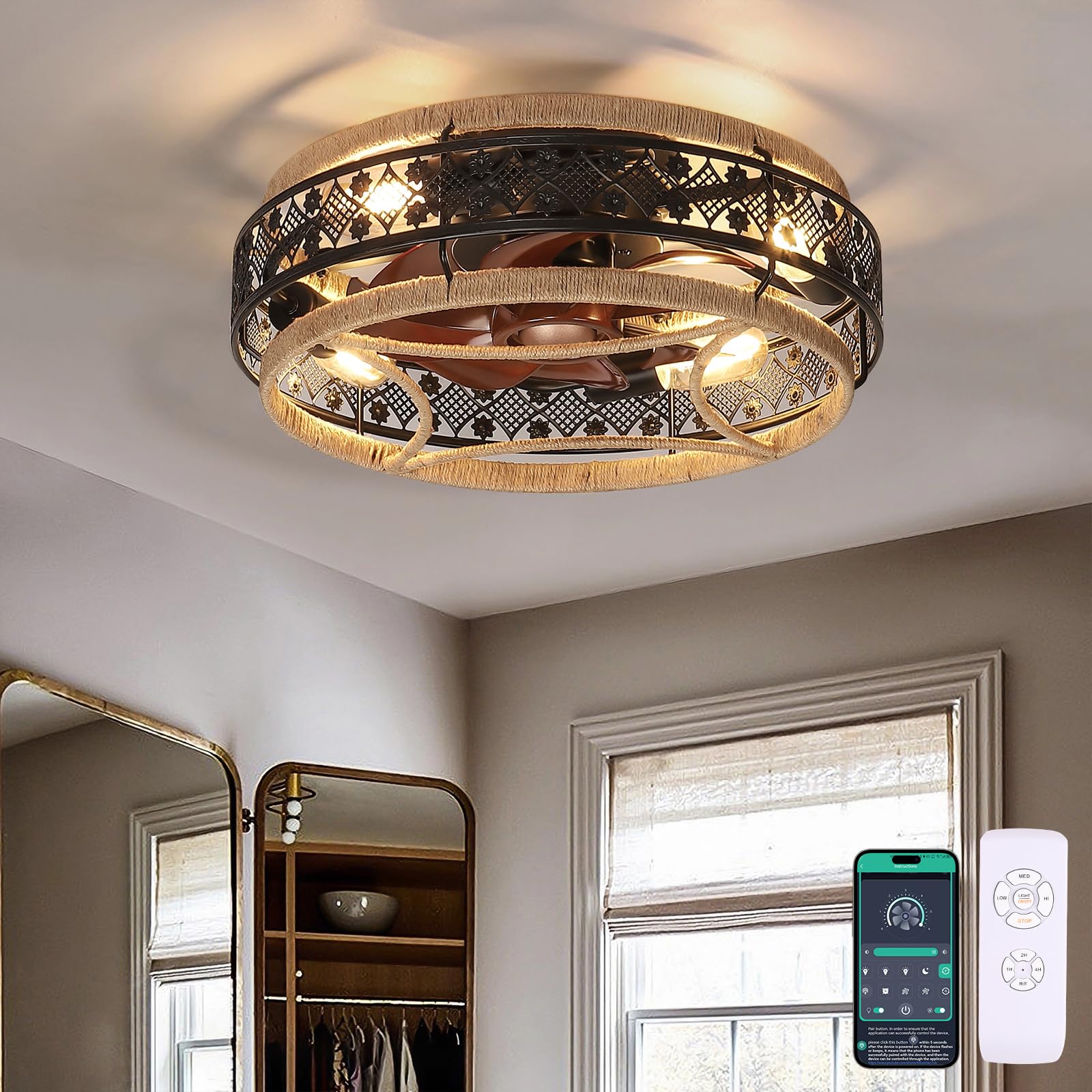 Photo 1 of SHIHOT 18” Boho Nylon Cage Ceiling Fans with Lights and Remote, Black Flush Mount Ceiling Fan, Farmhouse Small Fan Lamp Lighting Fixture for Living Room, Reversible(Bulbs not Included)