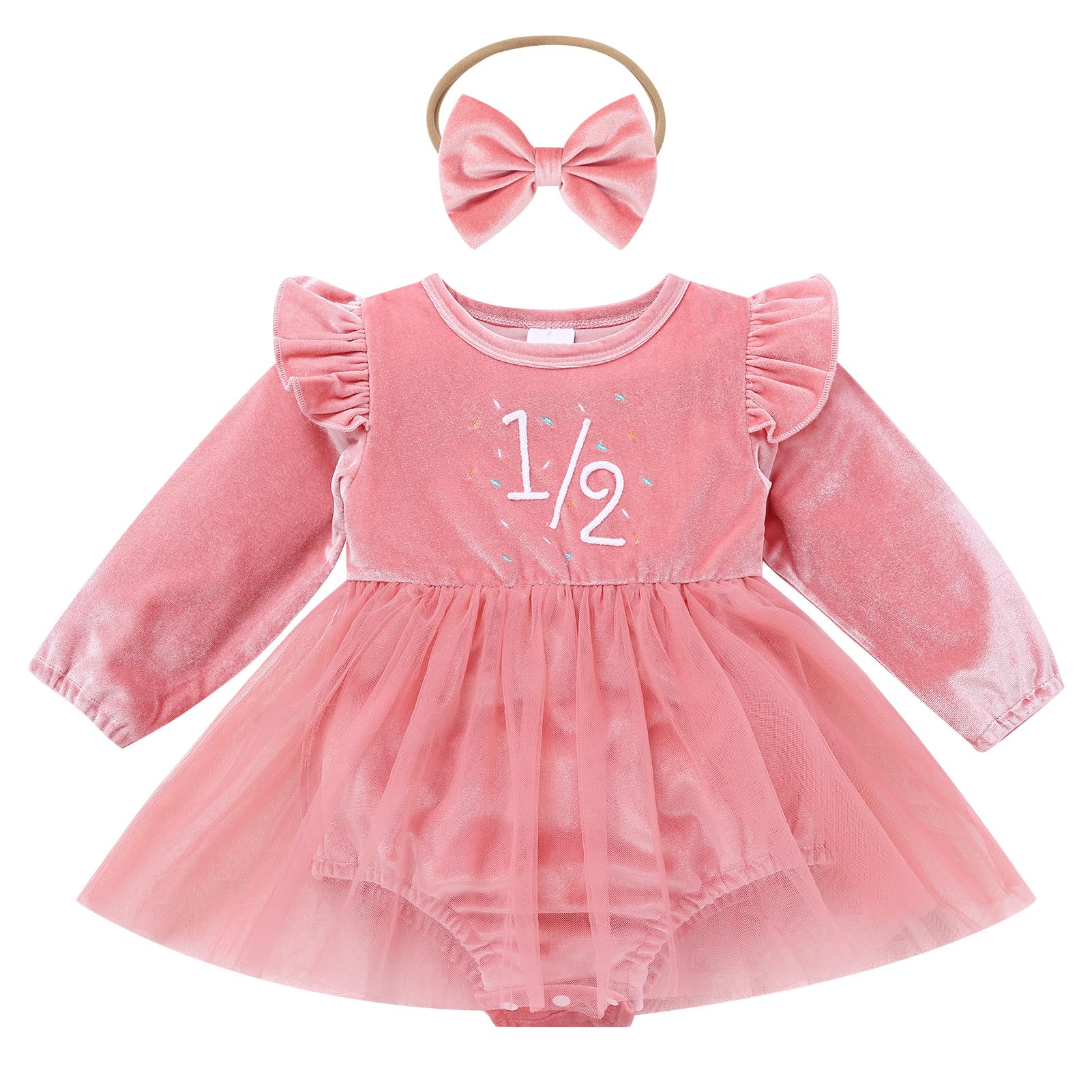 Photo 1 of FYMNSI Baby Girl 1/2 Birthday Outfit Infant Fall Winter Clothes Long Sleeve Ruffle Velvet Dress Romper Tulle Tutu and Headband for Halfway to One Cake Smash Photo Shoot Christmas Dress Pink 1/2 3-6M