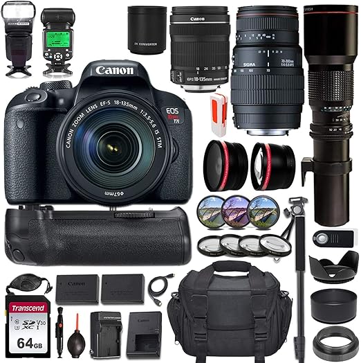 Canon EOS Rebel T7i DSLR Camera w/Battery Grip & 3 Lens