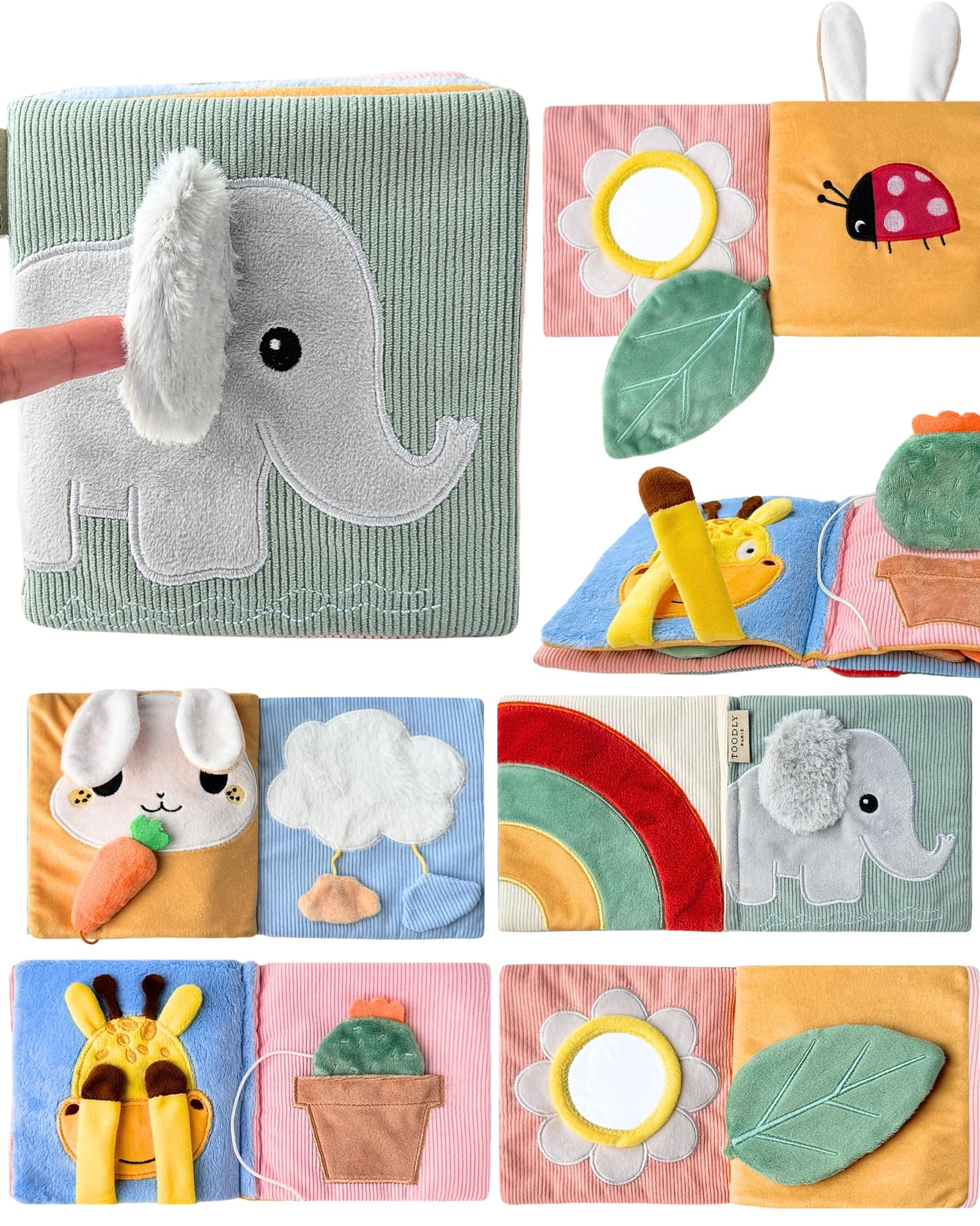 Toodly Cute Soft Baby Book with Mirror, Activities, Touch and Feel & Crinkle Pages - Interactive Sensory Cloth Toy for Babies 0-6, 6-12 & 12-18 Months - Adorable Animal Themes for Early Development