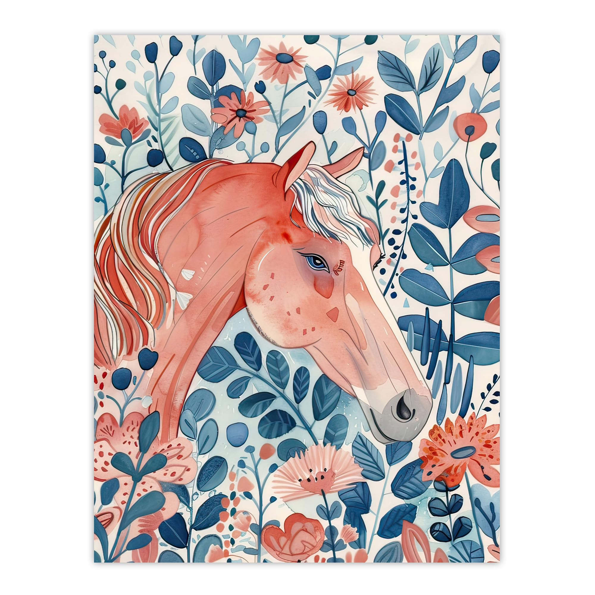 Artery8 Horse in Flower Field Pink Blue Watercolour Living Room Extra Large XL Wall Art Poster Print