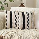 Aeckself Boho Throw Pillow Covers 18x18 Inch Set of 2, Farmhouse Decorative Striped Square Pillow Covers Chenille Tufted Pillow Cases Accent Neutral Pillowcase for Living Room Couch Bed, Black