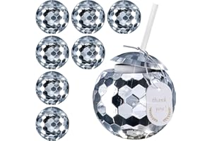 Foodie Aid Disco Ball Cups with Lids&Straws – 9Pcs 20oz Reusable Tumblers with Tags – Christmas, Retro Party Cups for Bachelorette, Birthday, Cocktail&Theme Events - Silver