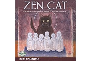 Zen Cat 2024 Wall Calendar: Meditational Art by Nicholas Kirsten-Honshin | 12" x 24" Open | Amber Lotus Publishing