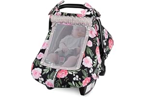 FIOBEE Baby Car Seat Cover, Car Seat Covers for Babies Infant Car Seat Canopy with Breathable Mesh Window Waterproof Carseat Cover for Babies Boy Girl 4 Seasons, Black/Flowers