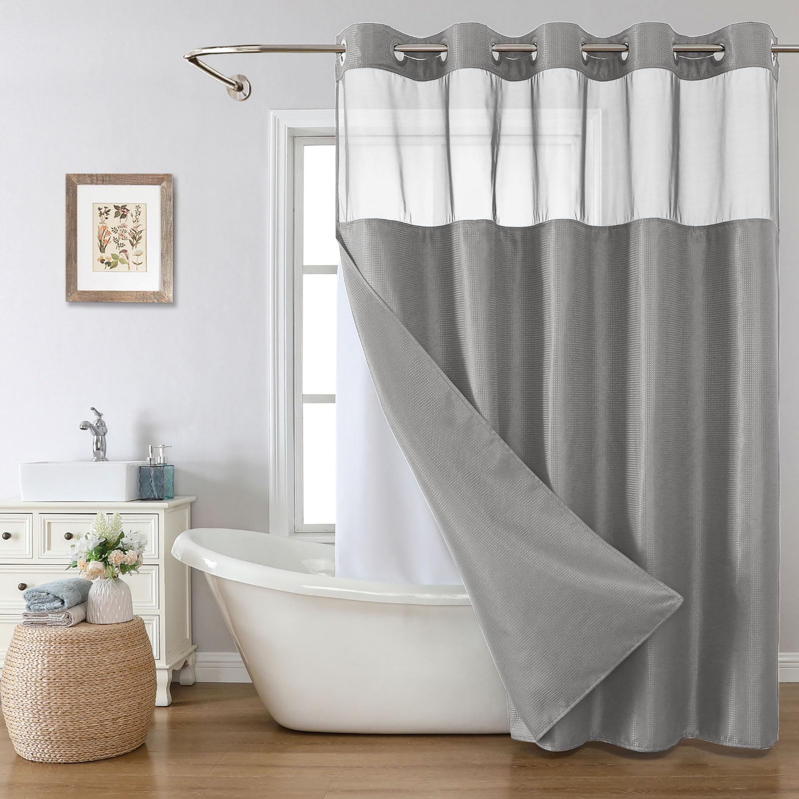 Photo 1 of eachope Long No Hook Shower Curtain with Snap-in Fabric Liner Set,Grey Waffle Weave Shower Curtains for Bathroom,Hotel Luxury Decor Bathroom Curtain Set,Waterproof & Washable,71Wx80H