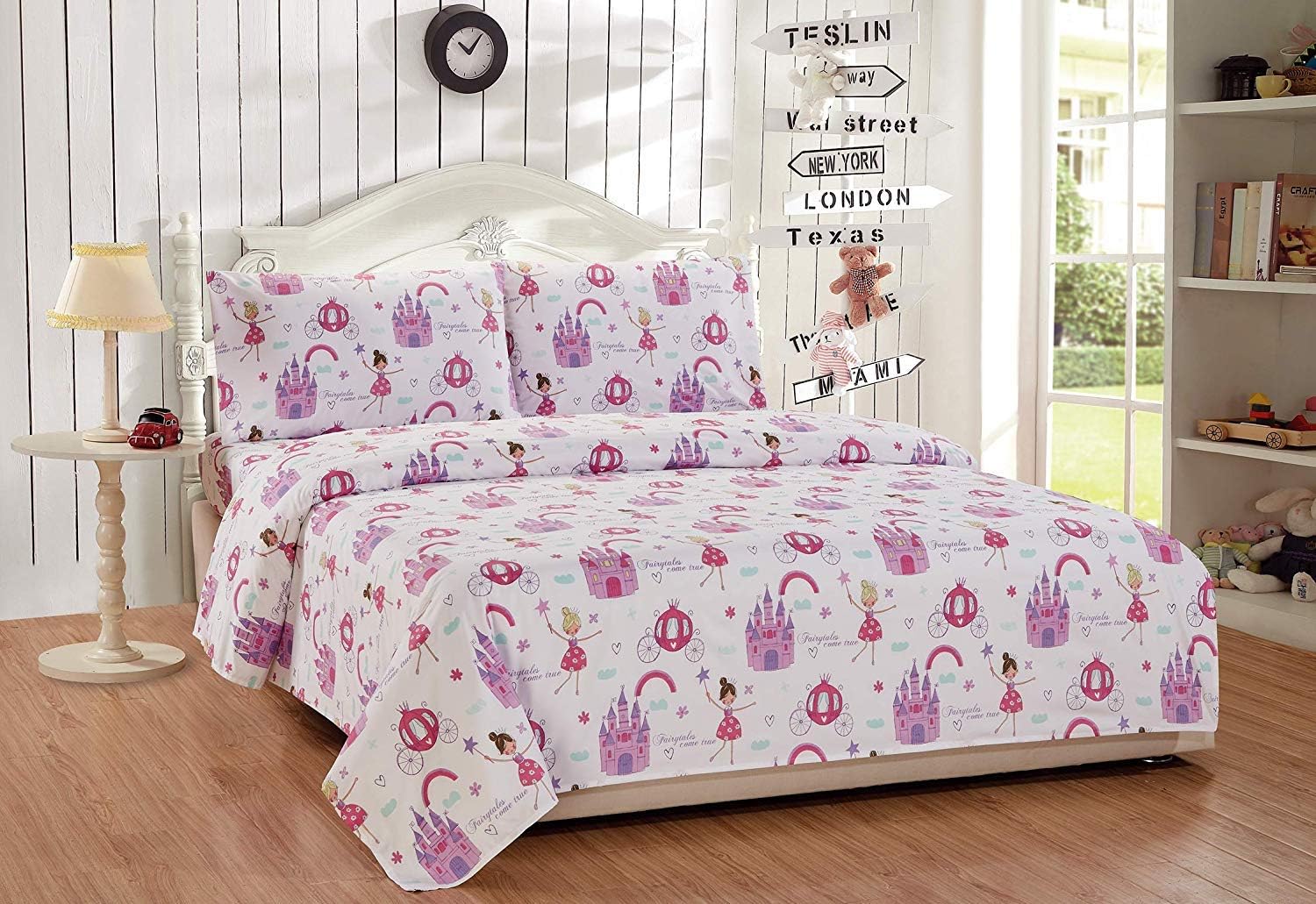 Elegant Home Multicolors Fairy Tale Princess Castle Design Fun Printed Sheet Set with Pillowcases Flat Fitted Sheet for Girls / Kids/ Teens (Fairy Tales, Twin Size)