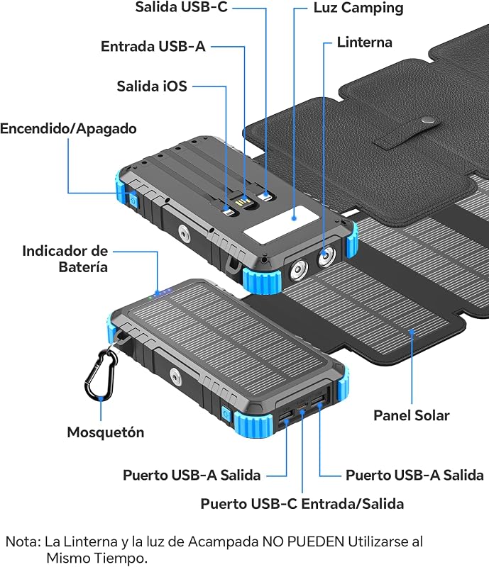 Power Bank Solar de 20000mAh con 4 Paneles Solares y 3 Cables — foto 8 de 8