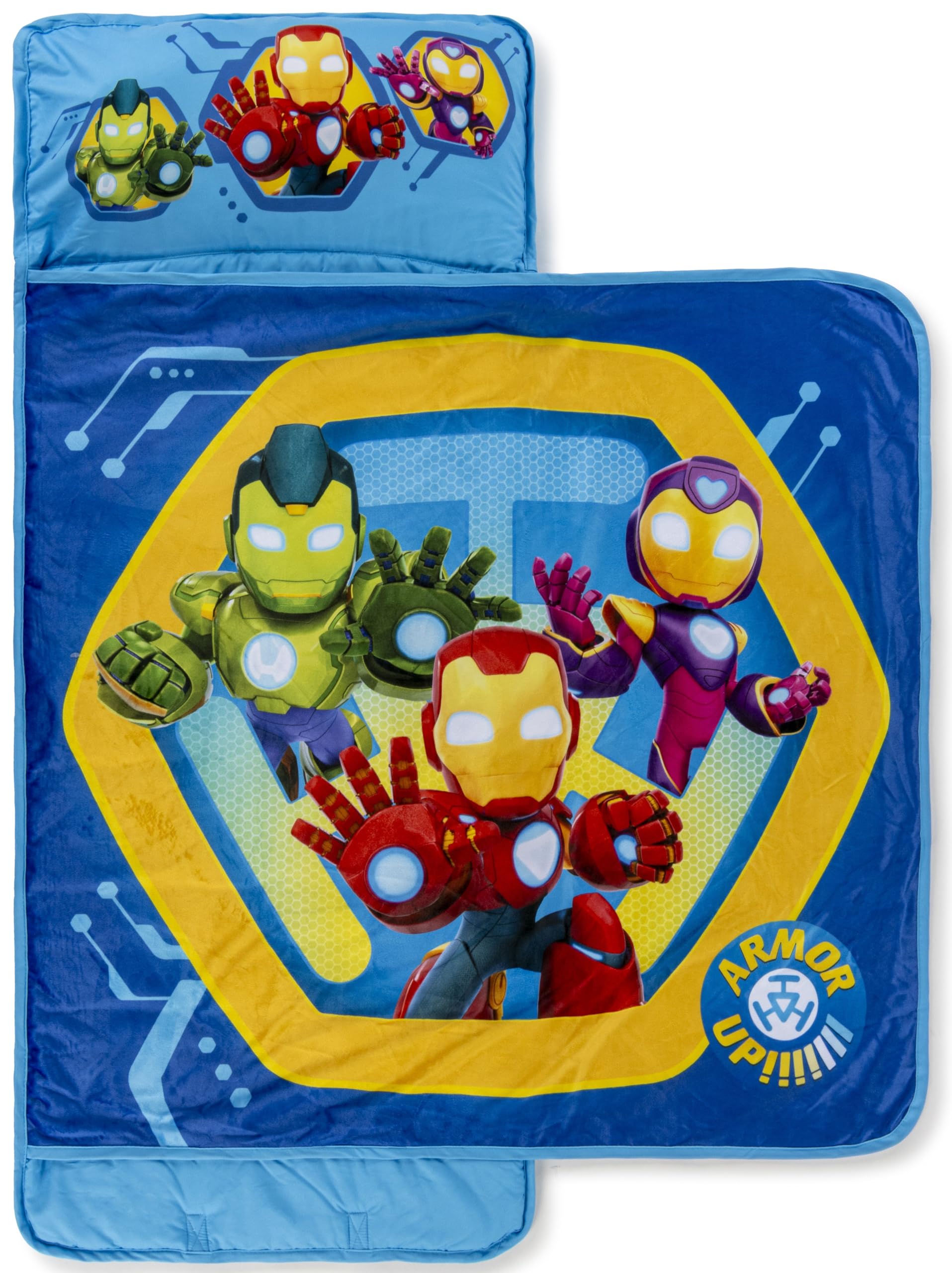 Jay Franco Kids Nap Mat Cartoon Embedded Pillow & Blanket – Soft 46"x20"Microfiber Sleeping Bag with Name Tag & Handle for School, Travel, Sleepover, Blue - Iron Man & Friends Image