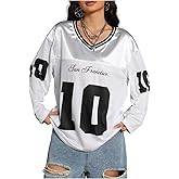 BEAUDRM Women's Jersey Shirts Number Letter Graphic V Neck Long Sleeve Oversized Sports T Shirts Tops