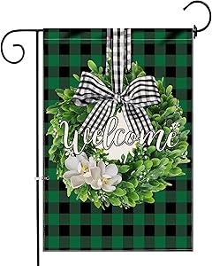 Hexagram Boxwood Wreath Welcome Garden Flag,Burlap Spring Buffalo Plaid St Patricks Day Yard Flag,Saints Small Garden Flag 12x18 Prime,Spring Farmhouse Irish Outdoor Decoration